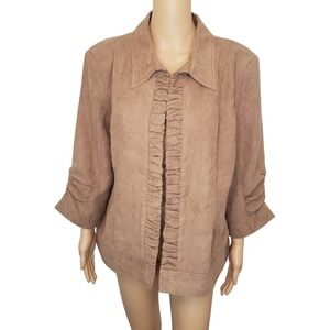 CJ‎ Banks Tan Open Front Blazer Ruched 3/4 Sleeve Faux Suede Feel Soft XL